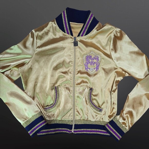 Y2K Apple Bottoms Gold Satin Souvenir Bomber Jacket Size L Rhinestone Full Zip - Picture 3 of 11